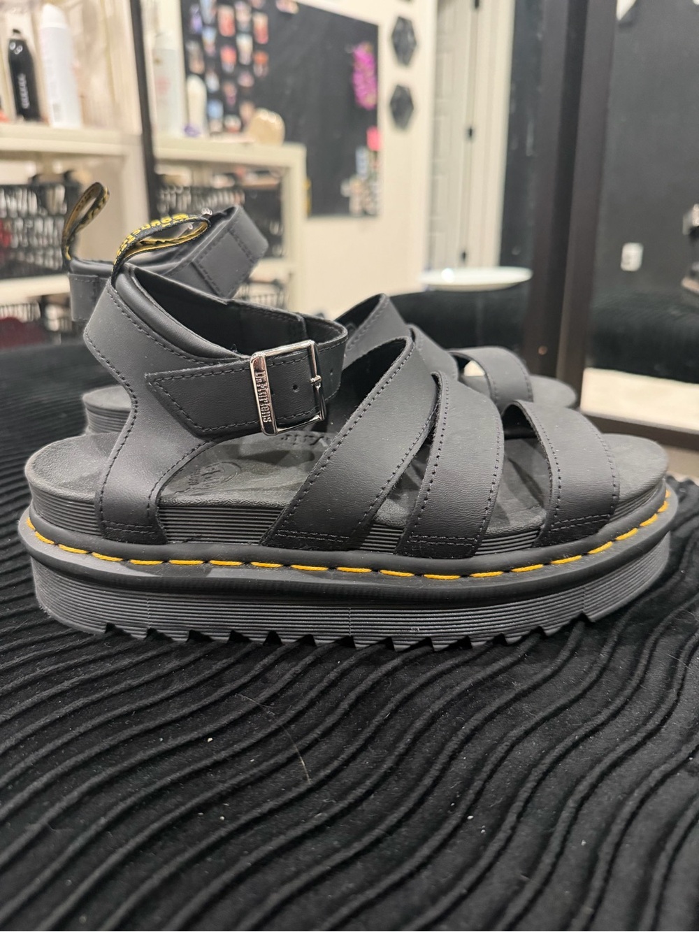 Dr. Martens Black Leather Platform Gladiator Sandals with Yellow Stitching